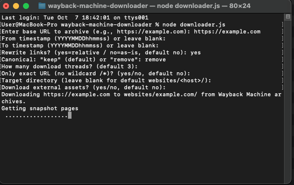 Screenshot of birbwatcher Wayback Machine Downloader CLI recovering a website